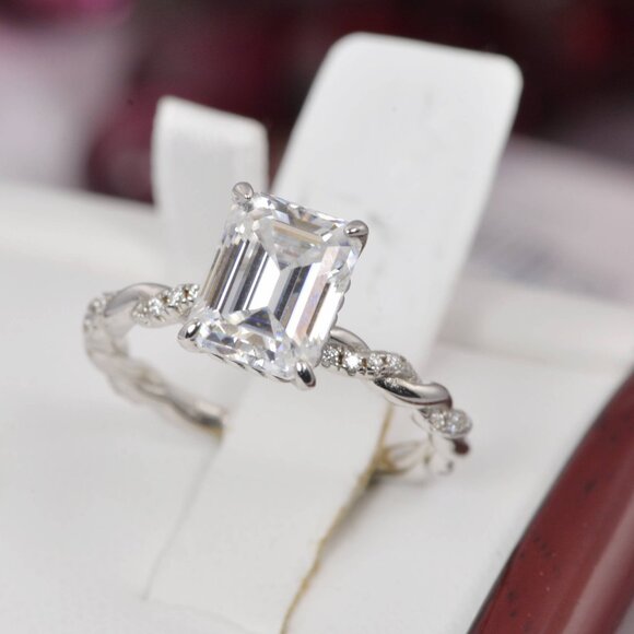 Certified Moissanite 3ct Emerald Cut Egagement Ring 925 Sterling Silver - Picture 5 of 7